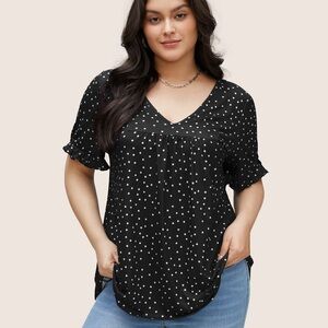BloomChic Plus Size Polka Dot Print Gathered Frill Trim T-shirt